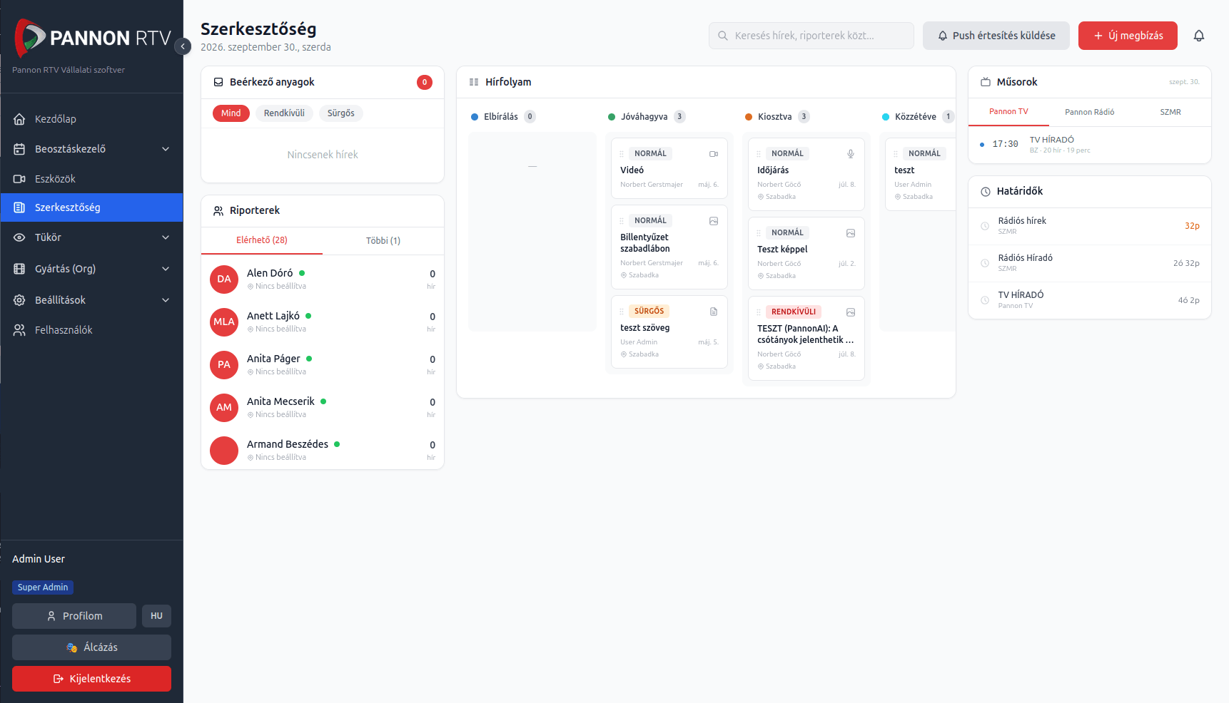Pannon RTV internal tool, editorial newsroom dashboard