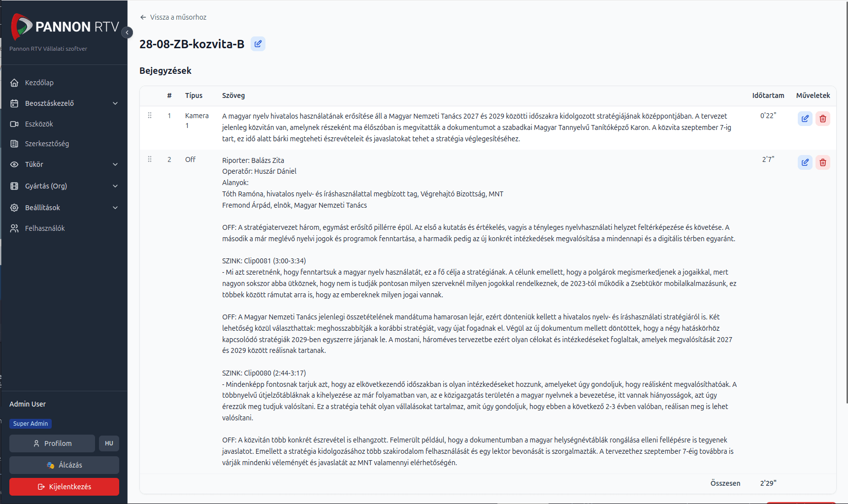 Pannon RTV internal tool, news entry detail view