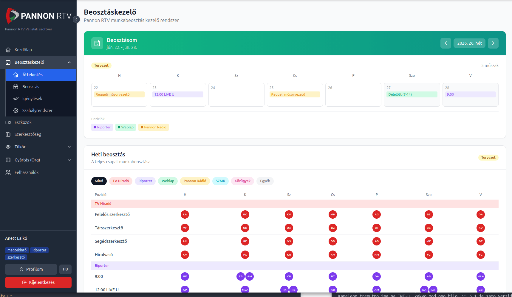 Pannon RTV internal tool, scheduling overview
